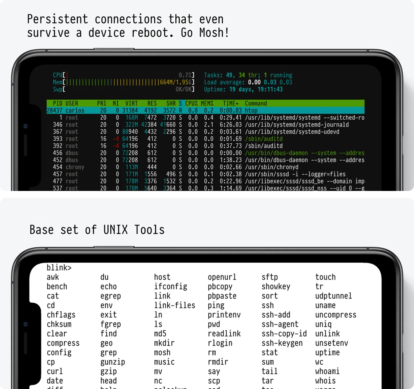 Blink Shell app screenshots: persistent Mosh sessions and its bundled UNIX toolset
