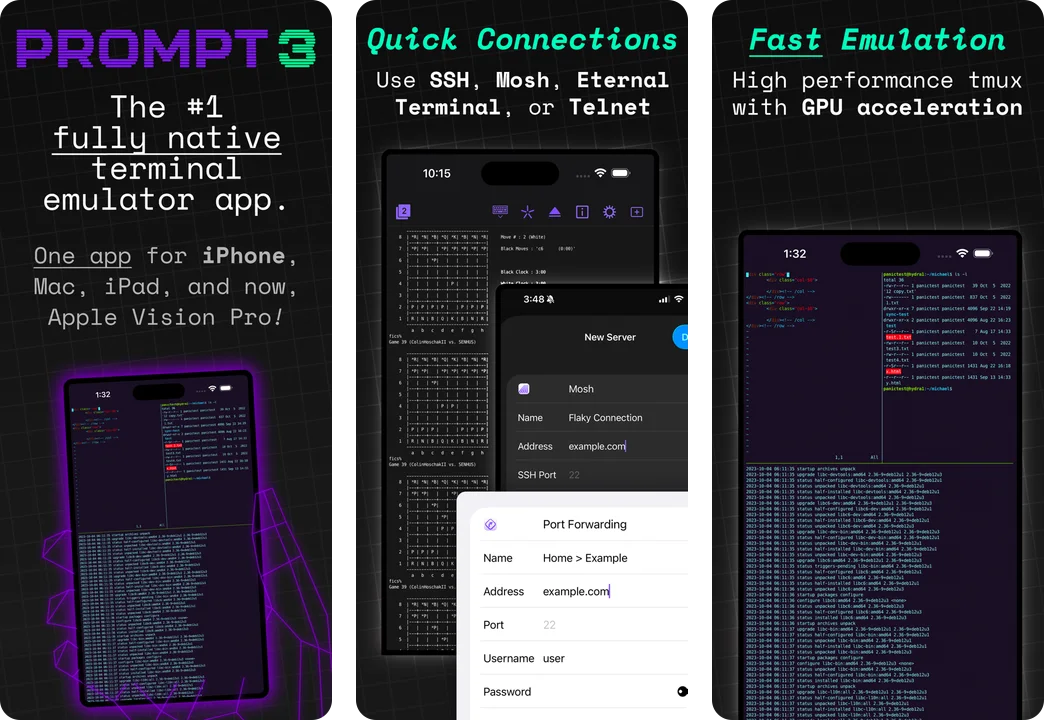 Prompt 3 app screenshots: native terminal emulation, quick connections, and GPU-accelerated tmux