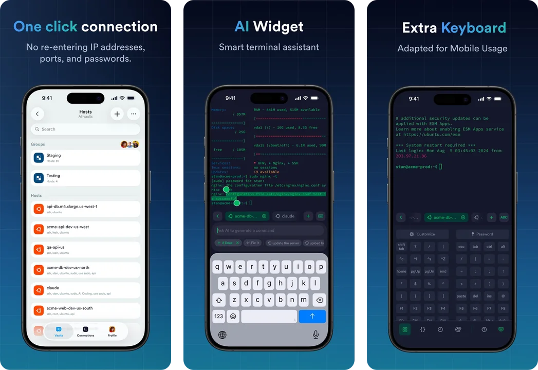 Termius iOS app screenshots: one-click host connections, AI widget, and extra keyboard row